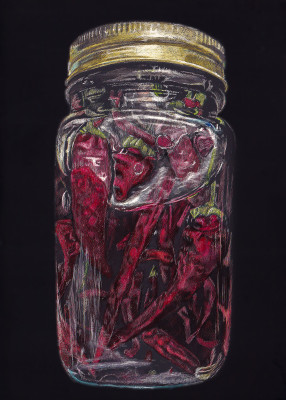 Hot Peppers , sscratchboard, kitchen art, still life, red peppers, canned peppers
