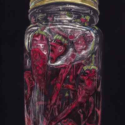 Hot Peppers , sscratchboard, kitchen art, still life, red peppers, canned peppers